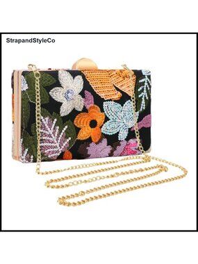 Beaded Sequin Floral Clutch Evening Bag Gold Plated Chain Convertible Handbag